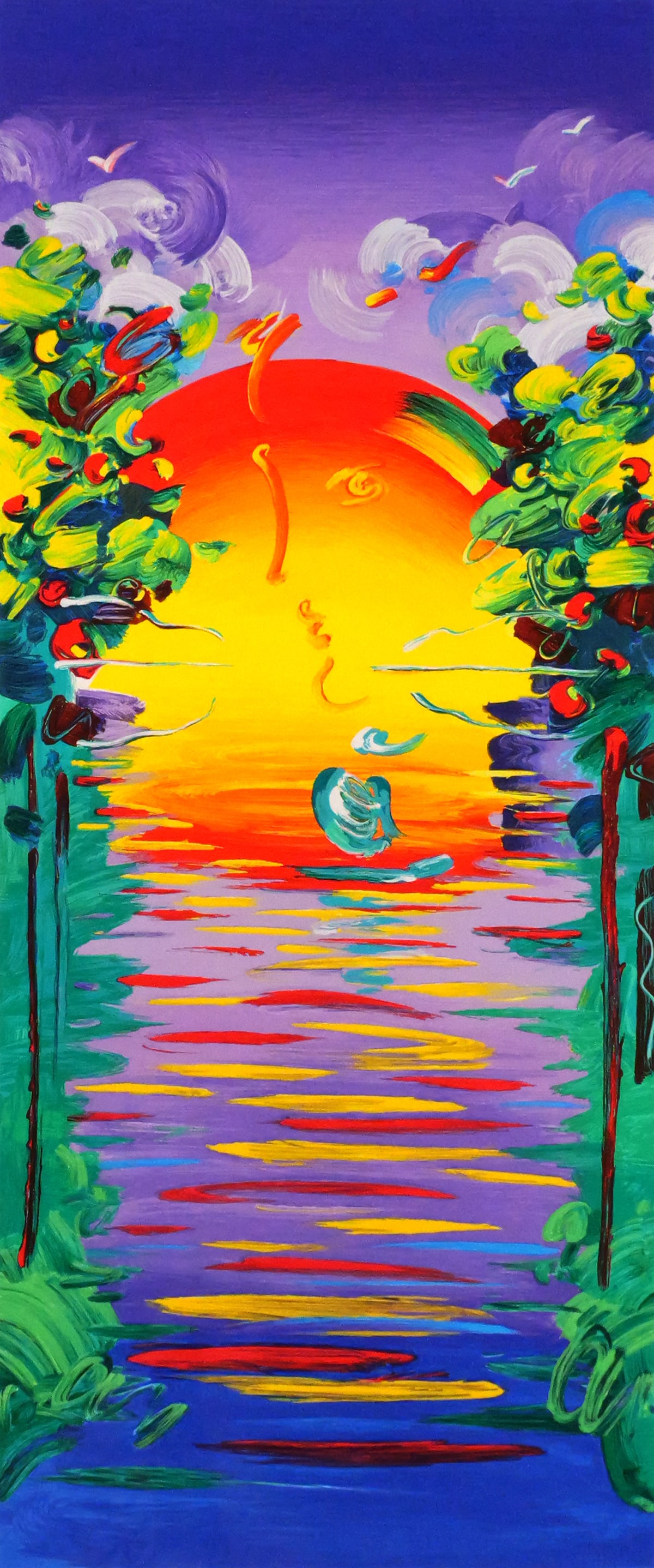 PETER MAX Better World Serigraph: Serigraph on paper of a work titled "Better World" by Peter Max (b. 1937), signed lower left and numbered right HC 41/50. Image measures 26" x 11" frame measures 41" x 25". This item will need to be s
