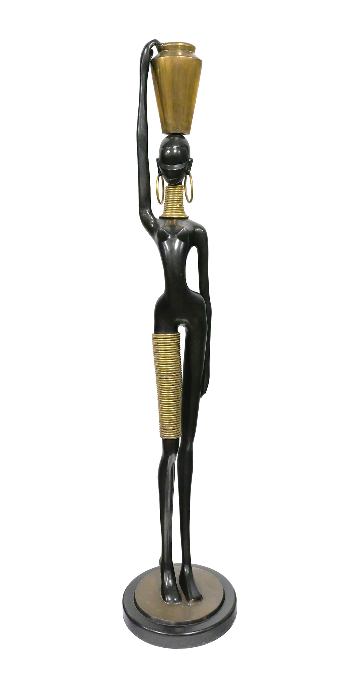 HAGENAUER Bronze Ndebele African Woman Statue: Lifesize Ndebele African woman painted bronze sculpture in the manner of Hagenauer. Measures 67" tall with a 14" diameter base. This item will need to be shipped by a packing company of your choice.
