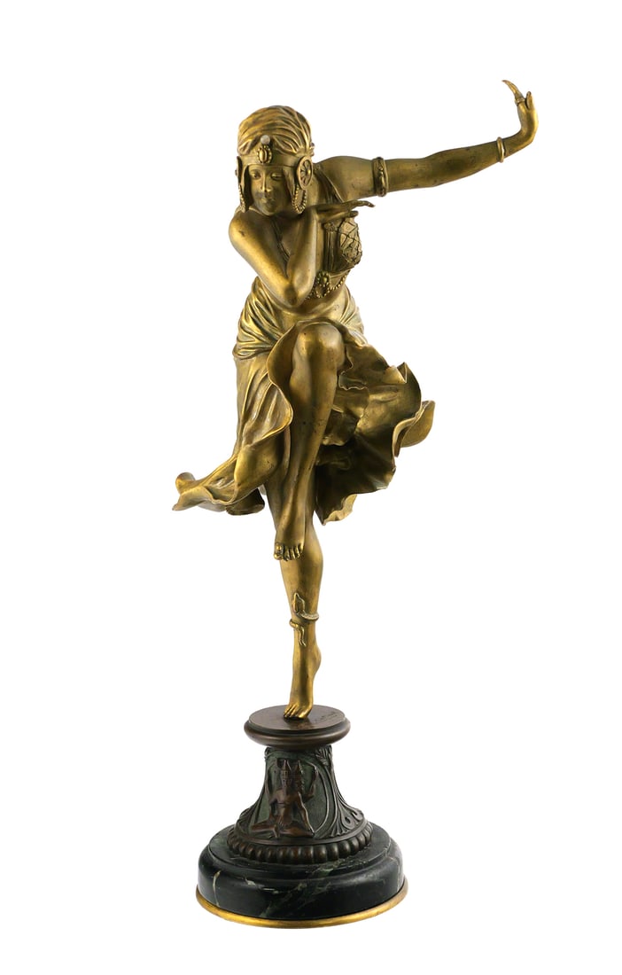 COLINET Art Deco French Bronze Dancer Sculpture: Art Deco era bronze dancer statue by Claire Jeanne Roberte Colinet (French, 1880-1950), titled "Hindu Dancer." Mounted on a marble base, signed on upper base just inside the right foot "CJR Colinet." 