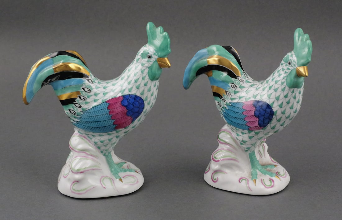 (2) HEREND Hungary Green Fishnet Roosters: Pair of Herend Hungary Porcelain Green Fishnet Roosters. Measures approx 5-1/4" tall. This item can be shipped in-house. Multiple lot combined shipping may require 3rd Party shipping.