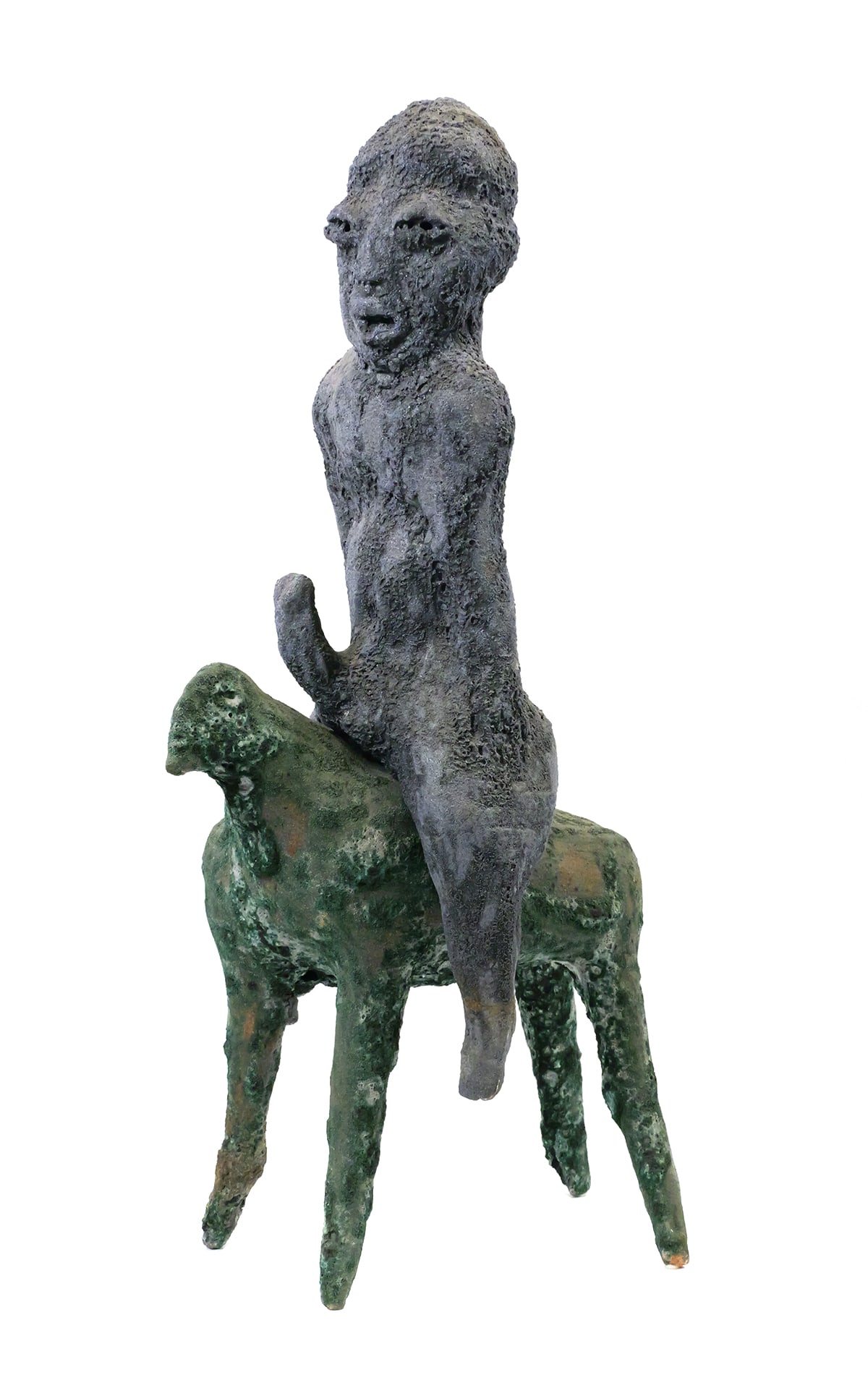 MARK CHATTERLEY, Horse & Rider Sculpture: Mark Chatterly, (American, 20th Century). Glazed ceramic statue of a small horse-like animal with a nude male rider. Animal measures approximately 15" tall, rider 22" tall. This item will need to be s