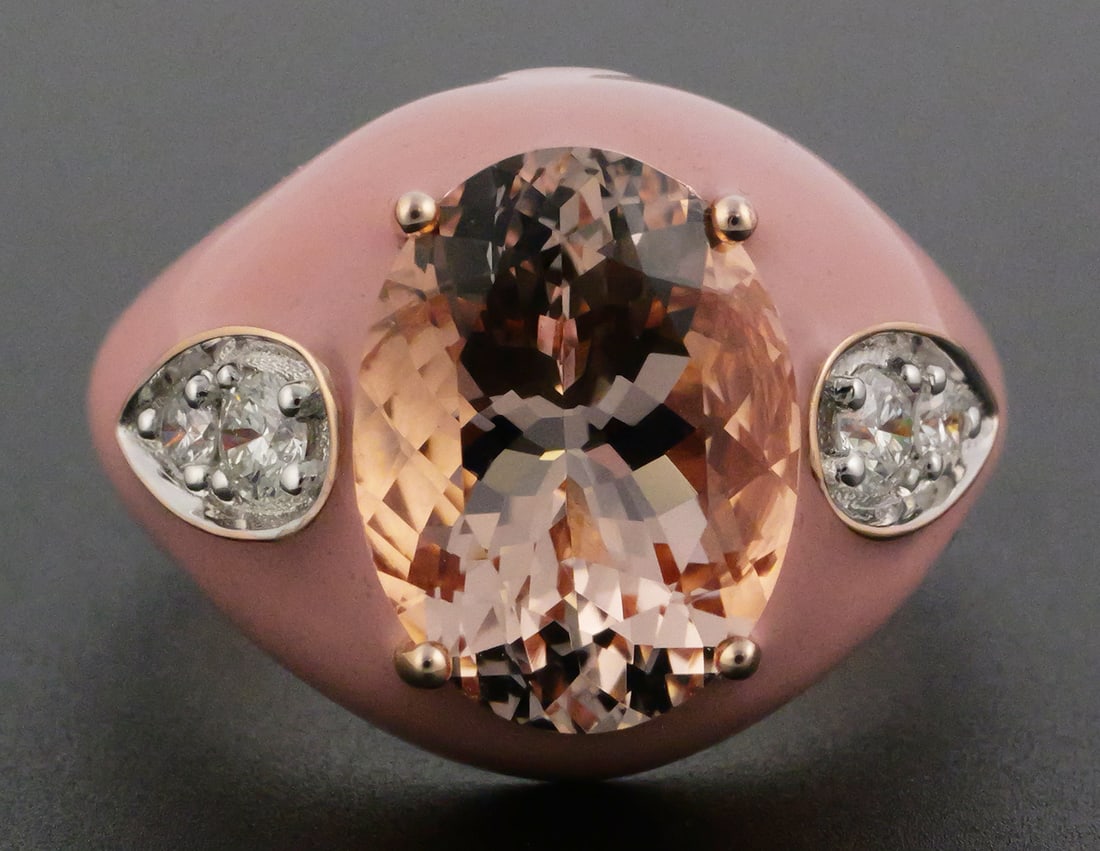 14k Rose Gold Morganite and Diamonds Ring: 14k Rose Gold Morganite and Diamonds Ring. Main Gemstone Morganite Oval Shape, Quality is Fine Peachy Pink Color, Weight 3.72 carats. Adjacent Natural diamonds Round Brilliant cut, Total weight .25 ca