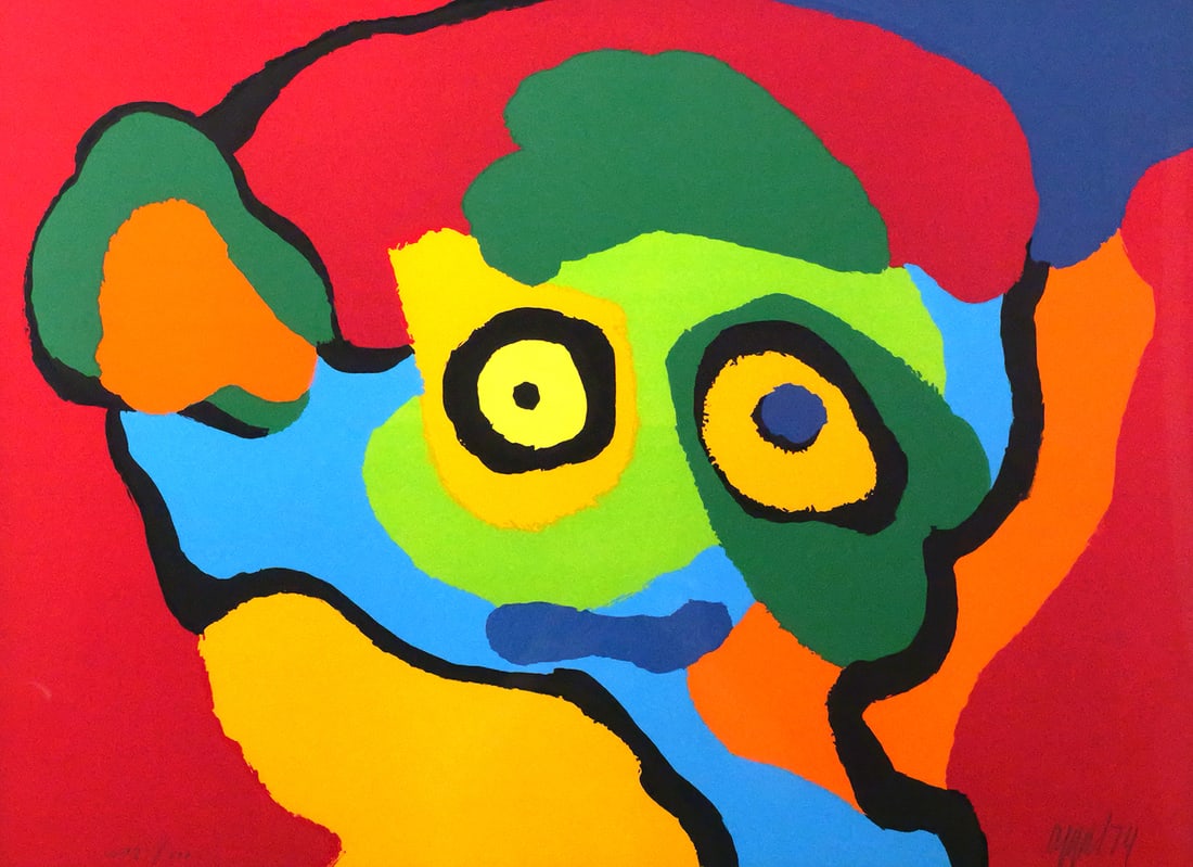 KAREL APPEL, Untitled, Lithograph Signed: Karel Appel (1921-2006, Dutch), Avant-Garde CoBrA Mvmt. Hand signed, dated (1974) and numbered (13/110) in the lower margin. Sight size approx. 21-1/2" x 29-1/2". Frame approx 28-1/2" x 36-1/2". This 