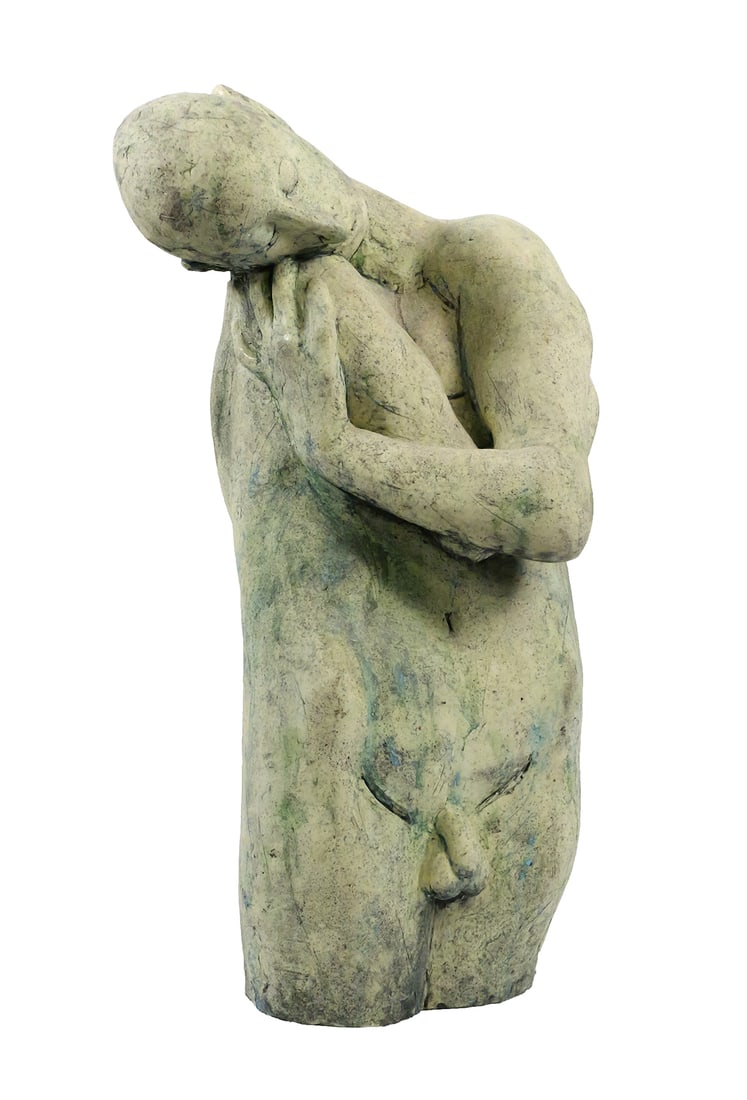 ROBERT HODGELL, Ceramic Statue, Male Figure: White ceramic figure of a man embracing himself, arms wrapped tightly around his body. Unsigned, from a collection of similar works by the artist. Measures approximately 24" tall. This item will need 