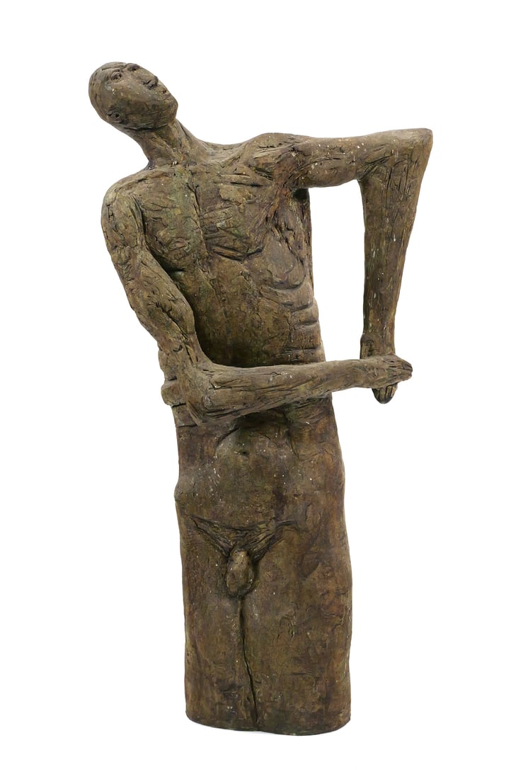 ROBERT HODGELL, Ceramic Statue, Male Figure: Brown ceramic figure of a man from the thighs upward, hands clasped at his side. Unsigned, from a collection of similar works by the artist. Measures approximately 24" tall. This item will need to be 