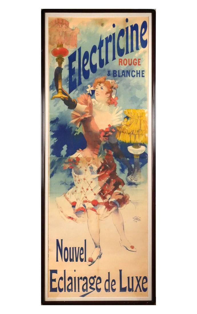 8-Foot Lucien Lefevre "Electricine" Poster 1894: Antique poster depicting a woman holding a lamp, published by Chaix, Paris. Designed for the Electricine luxury lighting company. Frame measures approx. 38-1/2" x 98". This item will need to be shippe