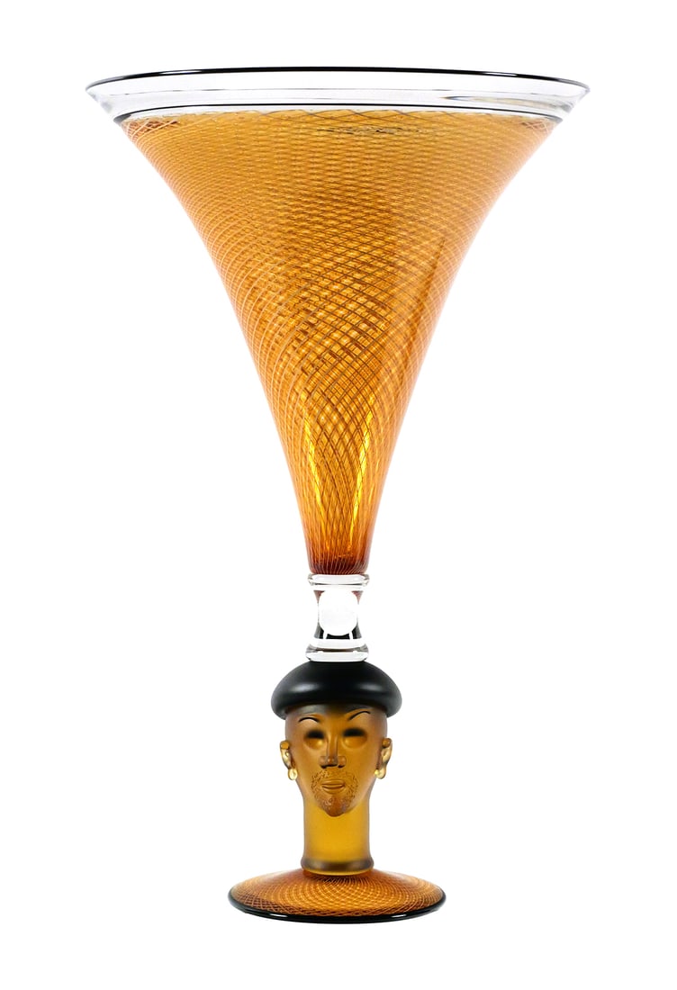 KENNY PIEPER Art Glass 26" Portrait Vessel: Art glass by Kenny Pieper (American, 20th/21st century). Controlled bubble inside each diamond formed by the latticino. Signed, dated 2004 and titled "Gustaf." Measures 26-1/2" high and 16" at rim.