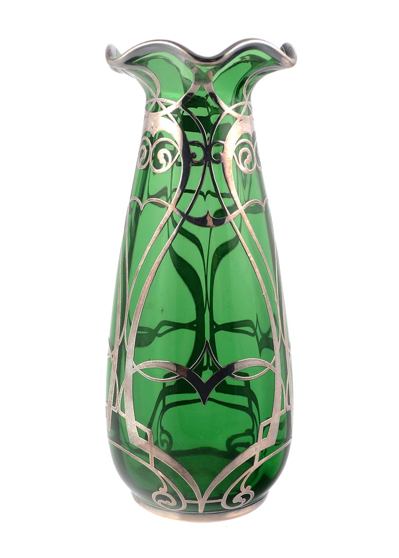Art Nouveau Silver Overlay Glass Vase: Sterling silver overlay on green art glass vase, circa 1900. Ground pontil. Measures 8-1/8" high. This item can be shipped in-house. Multiple lot combined shipping may require 3rd Party shipping.