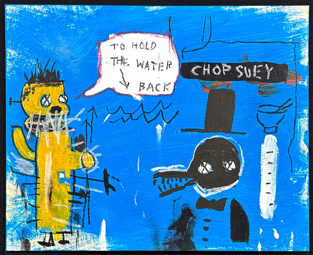 Jean-Michel BASQUIAT, Painting on Board: "Chop Suey" painting on illustration board by Jean-Michel Basquiat (American, 1960-1988). Signed on verso. Measures 9-3/4" x 12" in 18-3/8" x 20-1/4" frame. Framed for gallery exhibition by Castelli