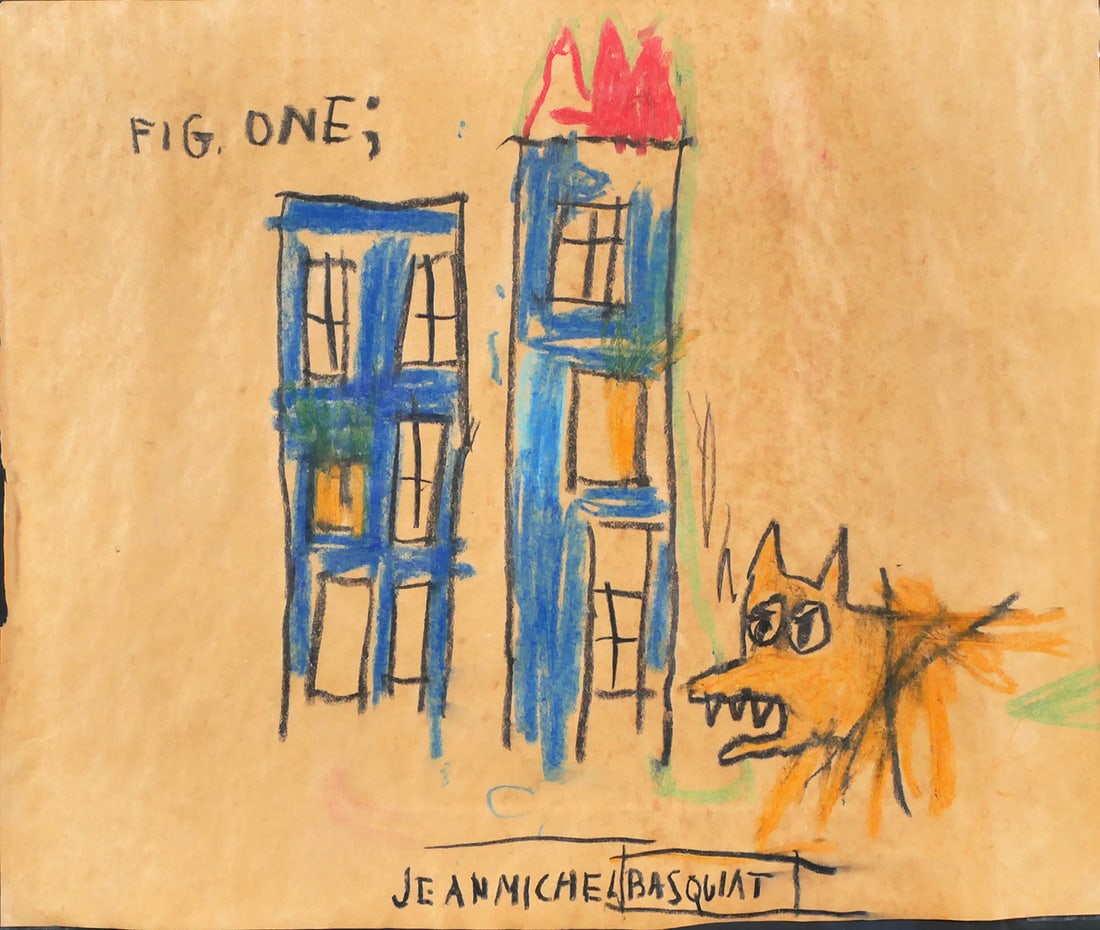 Jean-Michel BASQUIAT, Oilstick on Paper: "Untitled (Fig. One)" oilstick on paper painting by Jean-Michel Basquiat (American, 1960-1988). Signed on front. Measures 9-1/8" x 11" in 20-1/2" x 22" frame. Framed for gallery exhibition by