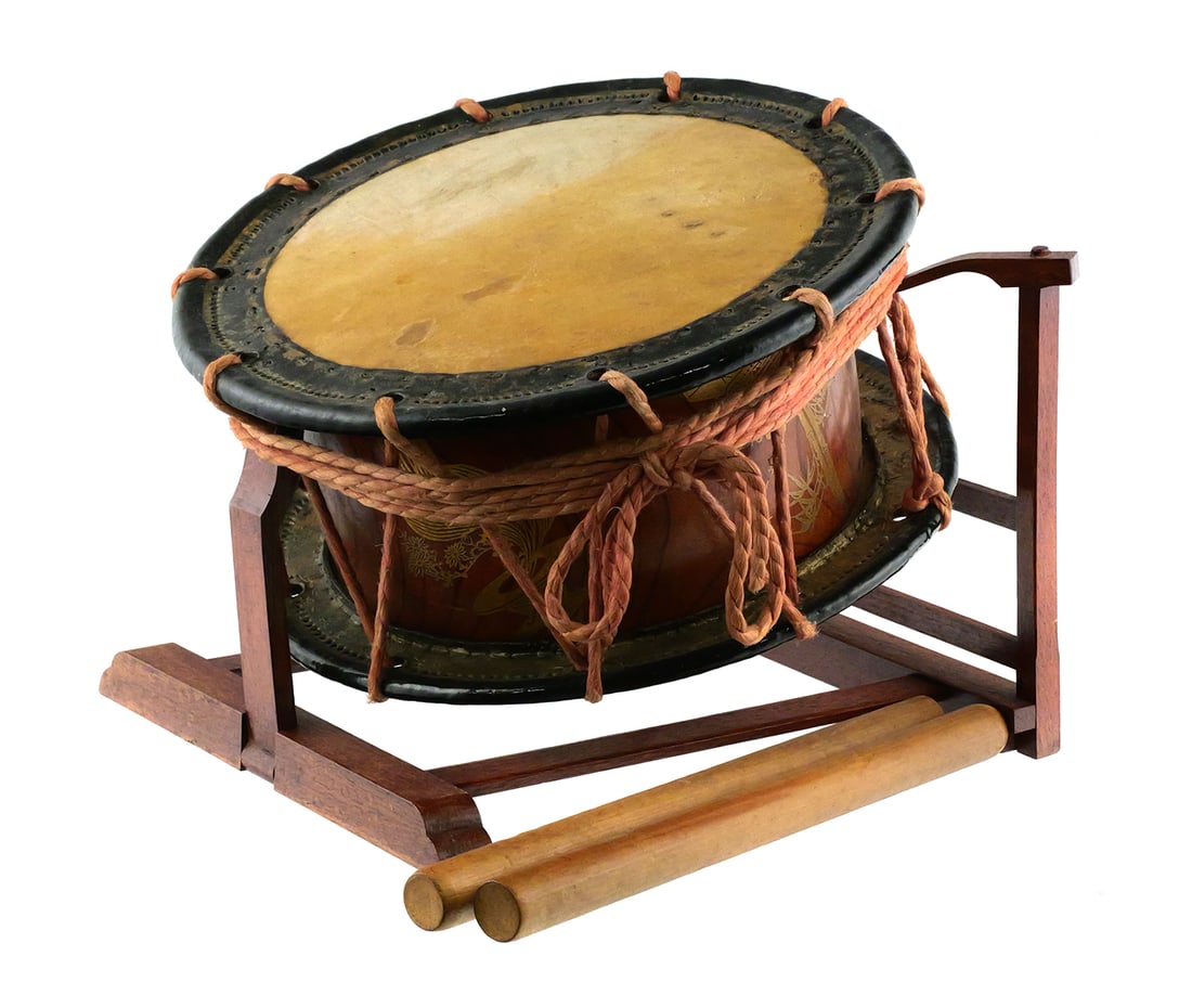 Japanese Drum Shime-Taiko Noh Theater 19th Cent.: Antique Japanese Drum Shime-Taiko Noh Theater 19th Century with stand and Bachi Hitters. Drum head measures 14" diameter and 6" wide. On the stand measurements are approx 11-1/2" x 14" x 14". This