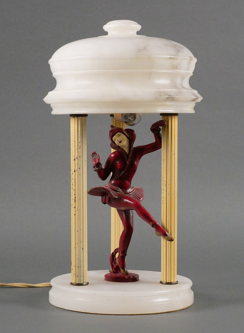 Art Deco Gerdago by JB Hirsch Pixie Dancer Lamp: 1930s Art Deco "Gerdago" by JB Hirsch Jester Harlequin Pixie Dancer Alabaster Lamp. Measures approx 14" x 7-1/2". Untested. This item will need to be shipped by a packing company of your choice. We