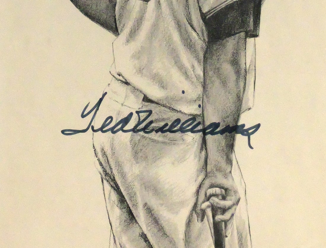 TED WILLIAMS Autographed Print: Ted Williams, Boston Red Sox MLB Hall of Famer, signed illustration print by artist Robert Riger. Accompanied by the book "My Life In Pictures Ted Williams" and showing the same artwork opposite the