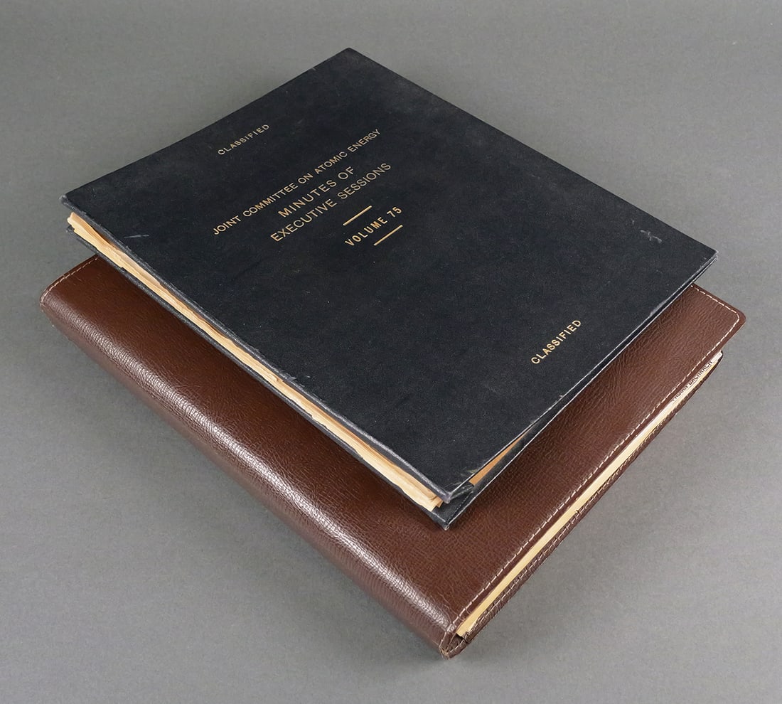 1957 Classified Atomic Energy Report: 1957 Minutes of a Classified Atomic Energy Session. The report, owned by former staff member Wayne Brobeck, was given to him upon his departure from the commission. The commission and subsequent