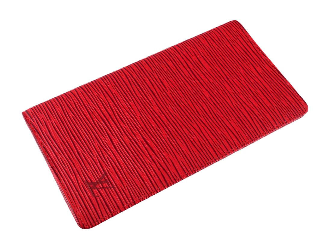 Louis Vuitton Epi Red Leather Checkbook Wallet: Louis Vuitton Epi Red Leather Checkbook Wallet. Measures 7" x 4". Unconditionally guaranteed to be authentic. This item can be shipped in-house. Multiple lot combined shipping may require 3rd Party