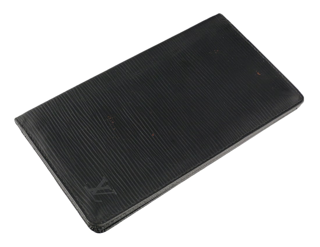 Louis Vuitton Epi Black Leather Checkbook Wallet: Louis Vuitton Epi Black Leather Checkbook Wallet. Measures 7" x 4". Unconditionally guaranteed to be authentic. This item can be shipped in-house. Multiple lot combined shipping may require 3rd Party
