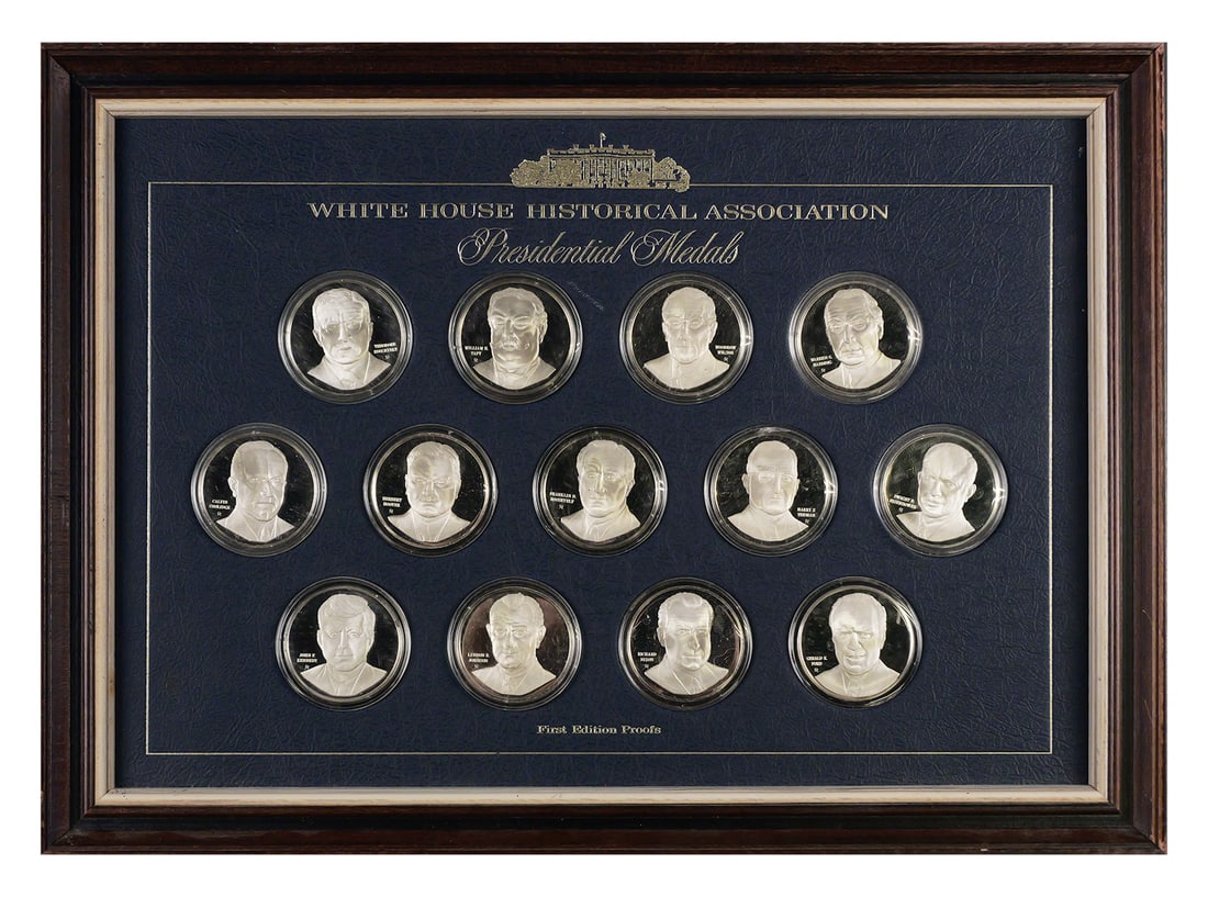 (13) Sterling Silver Medallions, Franklin Mint: Franklin Mint White House Historical Association Presidential Coin Collection of 13 framed sterling silver medallions. First edition proofs. Includes T. Roosevelt, Taft, Wilson, Harding, F. Roosevelt,