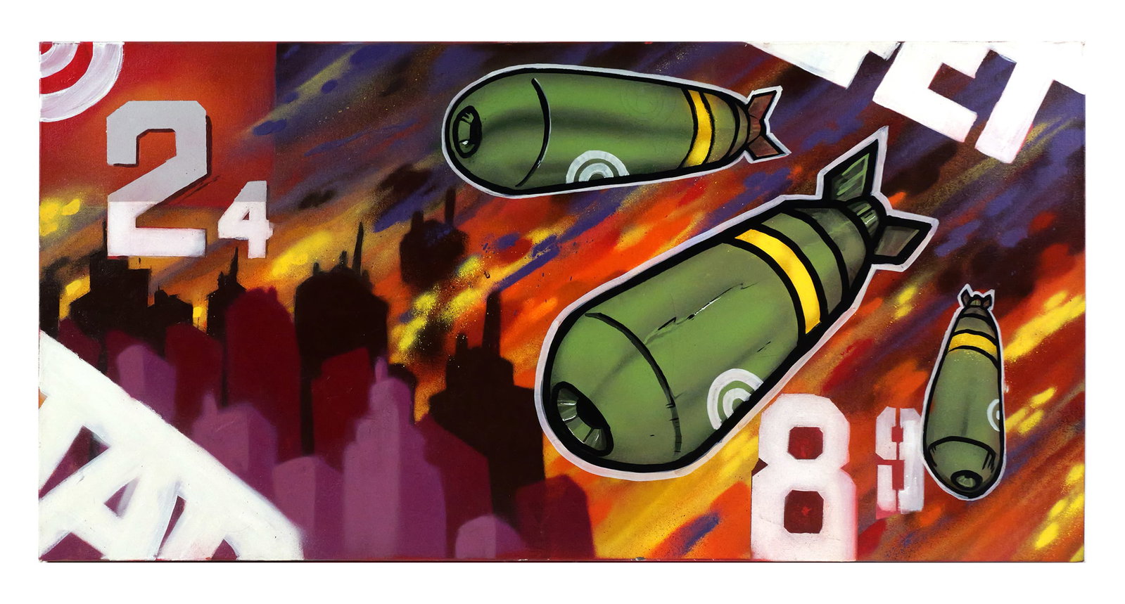 JISKOE, Pop Art O/C, War Stars: Oil on canvas painting in a Pop/Street art style, showing dropped bombs. Signed with a tag verso which appears to read JISKOE, artist unidentified. Titled "War Stars" verso. Canvas measures 24" x 48".