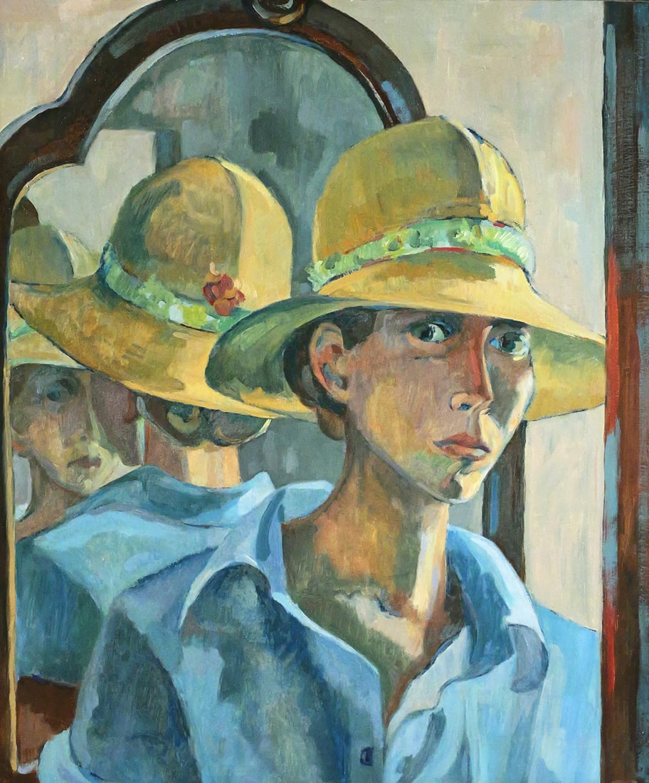 KATHARINA BERGDOLL, Self Portrait O/C: Dated 1980-81 oil on canvas portrait painting by Katharina Bergdoll (American, b. 1947), a Northern Neck Virginia artist and naturalist. Believed to be a self-portrait depicting multiple reflections o