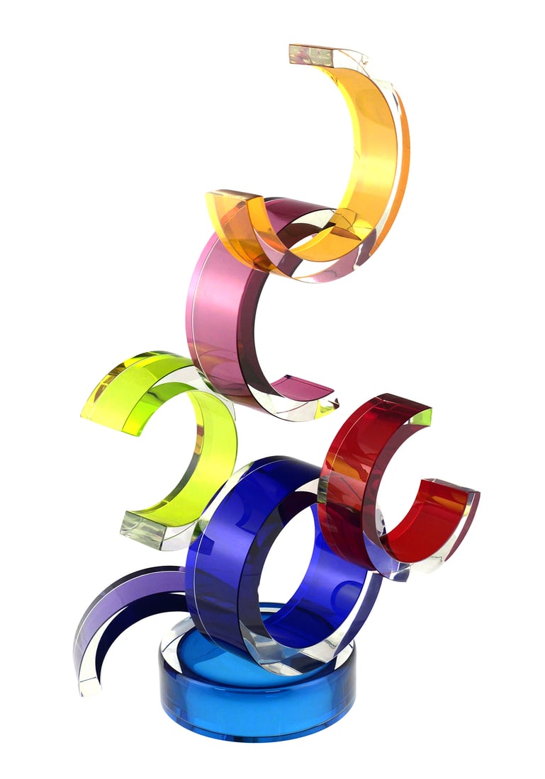 FAY MILLER Art Glass Abstract Sculpture: Colorful geometric art glass sculpture by Fay Miller. About 20" high. One of several pieces in today's auction from a private contemporary art glass collection. This item will need to be shipped by a 