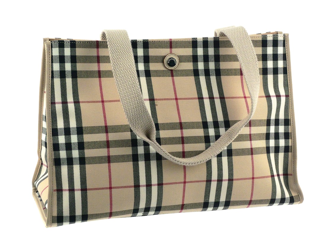 Burberry Nova Check Tote Bag Canvas: Burberry Nova Check Tote Bag Canvas. Main color is beige. Measures 14-1/4" wide x 9-1/2" tall x 5" deep. Strap measures 9" from top of bag. Unconditionally guaranteed to be authentic. This item can