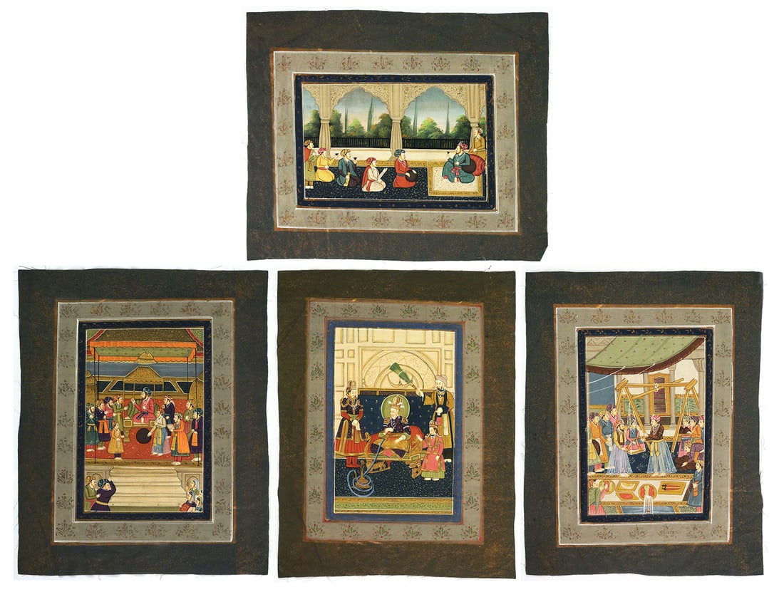 (4) Mughal Indian Court Paintings Gouache on Silk: (4) Original Mughal Indian Traditional Court Paintings Gouache on Silk. They all measure approx 13-1/2" x 16-1/2". This item can be shipped in-house. Multiple lot combined shipping may require 3rd