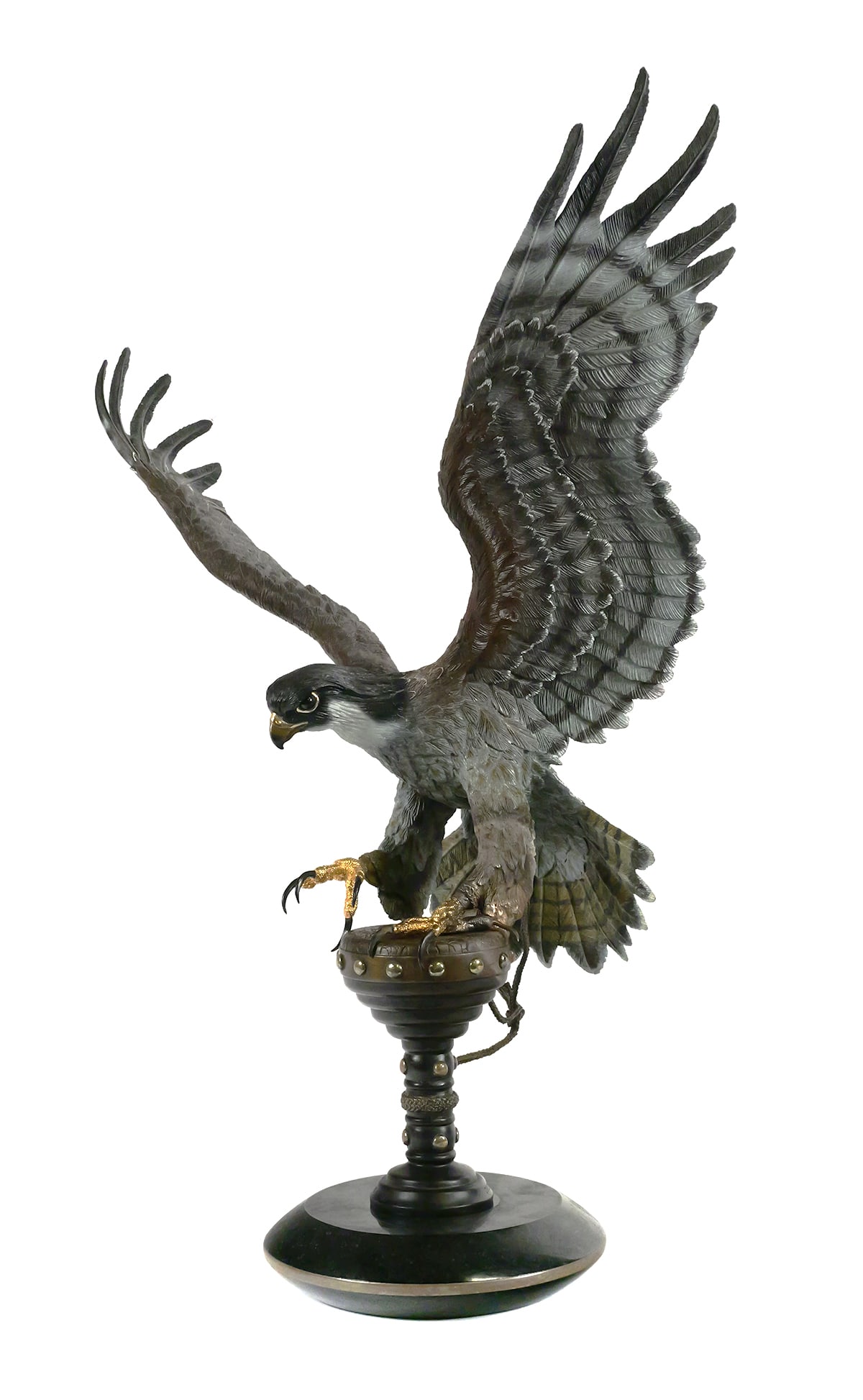CHESTER FIELDS, Falcon Bronze Statue: Massive cold-painted bronze sculpture of a falcon by artist Chester Fields (American, b. 1945). Titled "Falcon Crest." Measures about 27" high, 20" wide (wingspan) and about 12" deep. Signed and