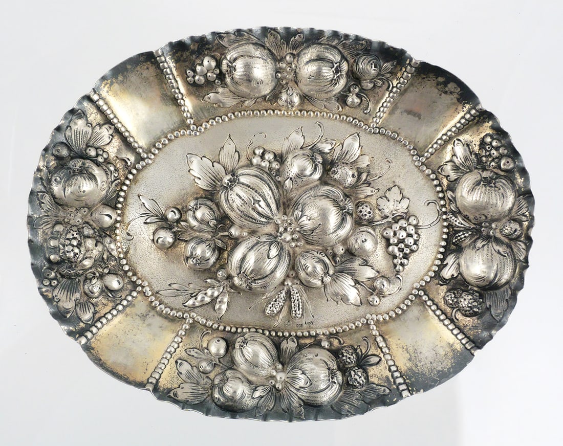 HANAU .800 SILVER Repousse Fruit Tray: High-relief repousse .800 silver bowl or tray by Gebruder Dingeldein Hanau, circa 1880s-90s. GD over H hallmark in circle. Measures about 9-3/8" x 7-1/4" and weighs 10.2 Troy ounces. This item can be