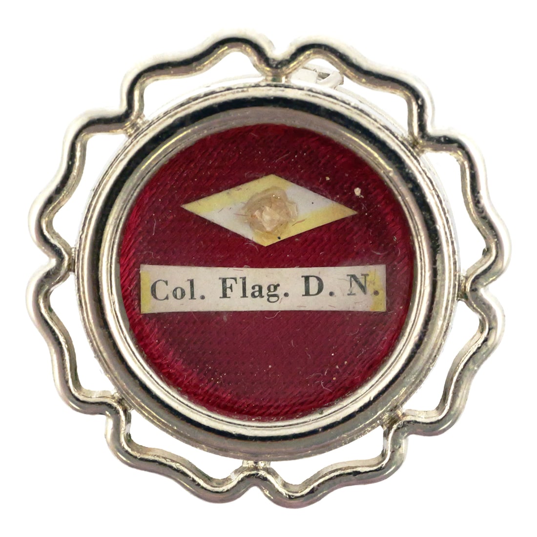 Catholic Relic Columnae Flagellation: Catholic Relic labeled "Col. Flag. D.N.", presumed to represent Columnae Flagellationis Domini Nostri or "of the Column of the Flagellation of Our Lord (Jesus Christ)". Metal reliquary theca with