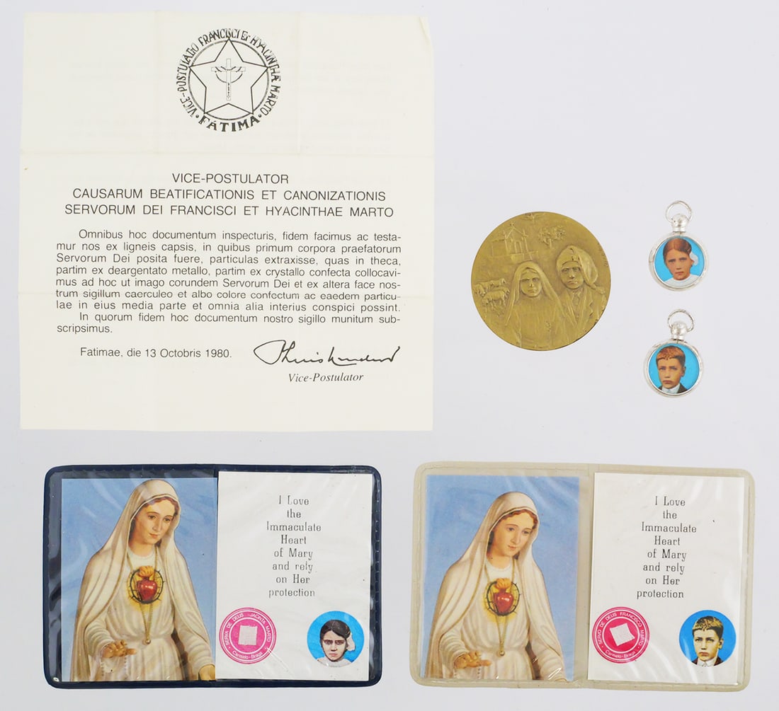 Relics of Francisco & Jacinta Marto: Relics of Francisco and Jacinta Marto. Portuguese siblings from Fatima who, alongside their cousin Lucia dos Santos, were the primary witnesses of the reported 1917 Marian apparitions known as Our