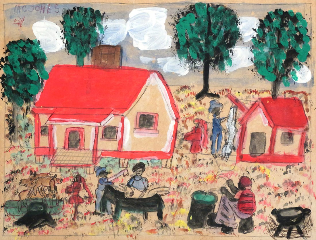 M.C. JONES Farm Scene Folk Art: Watercolor, Gouache, and pencil on paper featuring a rural farm scene by Louisiana folk artist M.C. Jones (1917-2003), signed upper left, frame measures 12" x 15". This item can be shipped in-house. M
