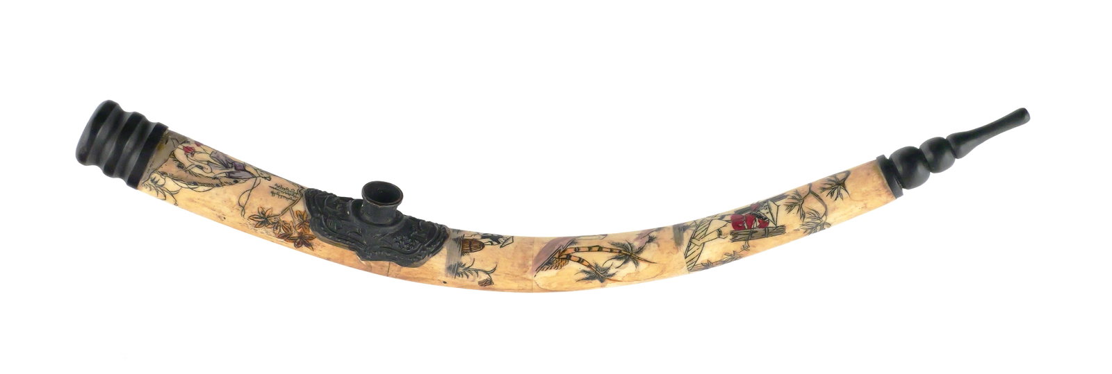 Japanese Bone Saikumono Scrimshaw Opium Pipe: Japanese Bone Saikumono Scrimshaw Opium Pipe. Measures 14" long. This item can be shipped in-house. Multiple lot combined shipping may require 3rd Party shipping.