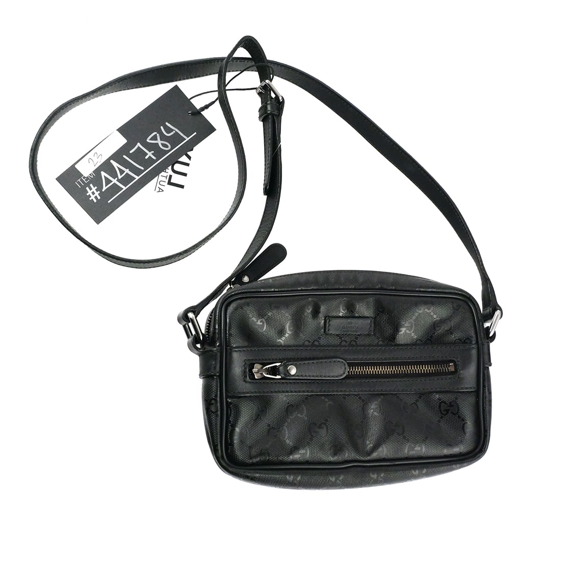 GUCCI GG implementation Crossbody Pochette: GUCCI GG implementation Crossbody Pochette Shoulder Bag, No. 201447. Measures 8" x 5" x 2". Strap is adjustable to 20" from top of bag. Unconditionally guaranteed to be authentic. This item can be