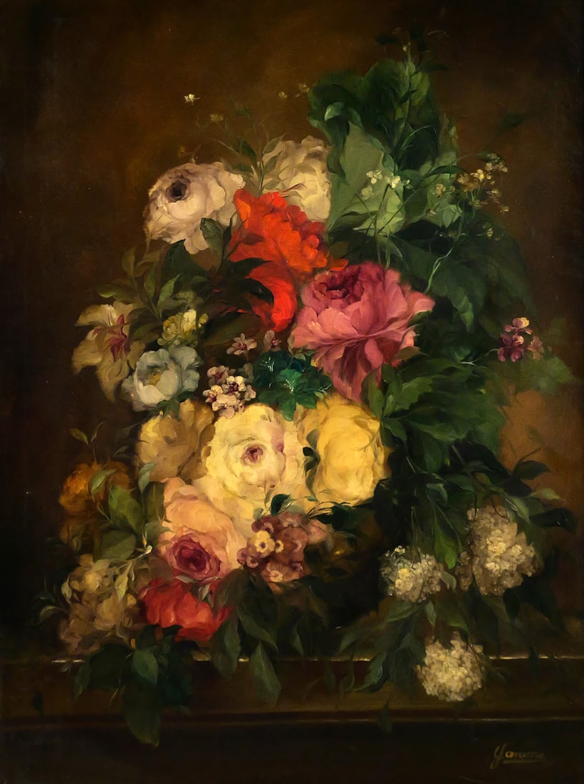 HEINRICH GAROSSA, Still Life w Flowers: Oil on canvas painting of flowers by Heinrich Garossa (Swiss, b. 1902). Signed lower right. Painting is framed and measures 39-1/2" x 31-1/2" overall. This item will need to be shipped by a packing co