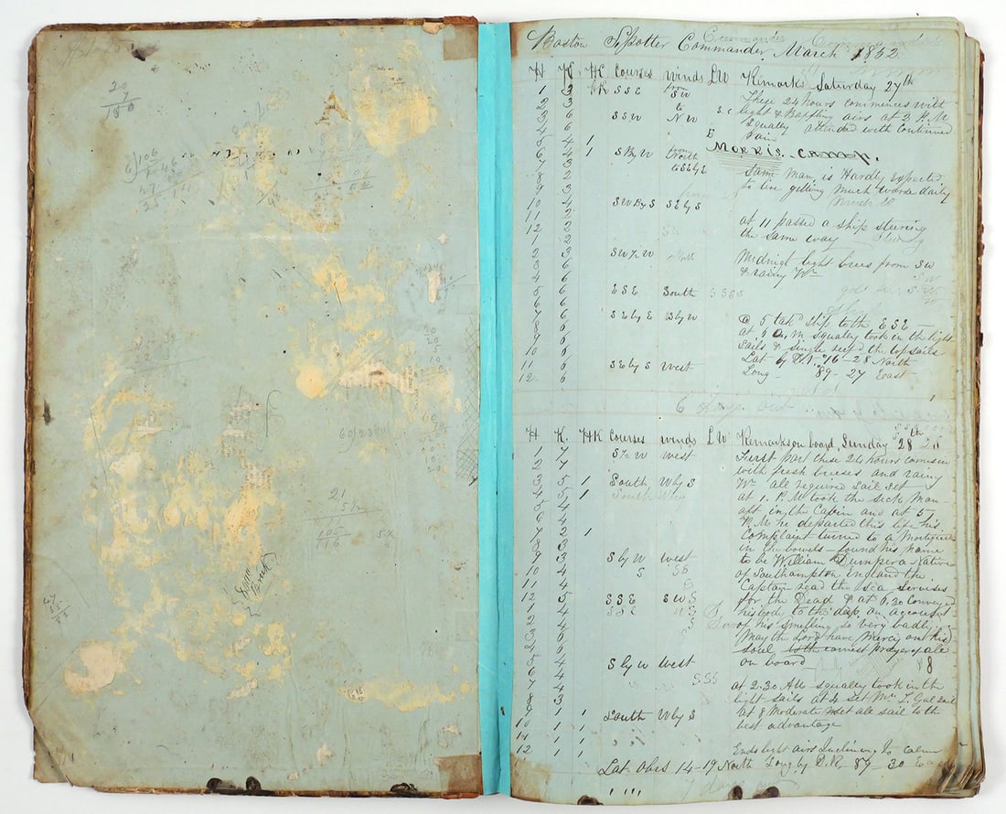 1852 Ship's Journal, Boston to Calcutta: Pre Civil War journal, presumed to be kept by James H. Kelly. Detailing the journey of cargo ships including the Coringa, Oriental, and Samuel Appleton visiting various ports ranging from Boston to