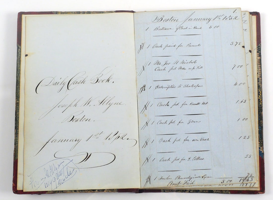 1852 Boston Daily Cash Book of Joseph W. Allyne (1 of 5)