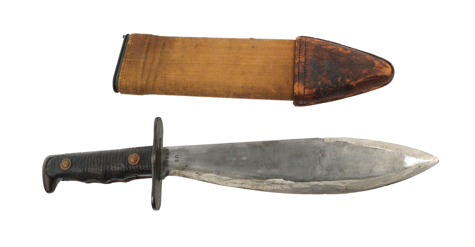 WW1 Bolo Knife, Model 1917: Original early 20C bolo knife, used in WWI. Family-held relic since then. Measures 15-5/8" overall in scabbard. This item can be shipped in-house. Multiple lot combined shipping may require 3rd Party 