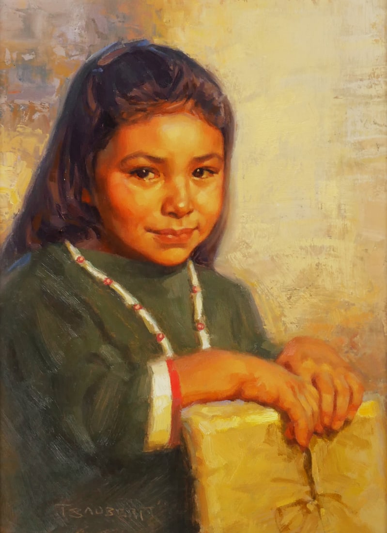 TOM SAUBERT Portrait Native American Child Ptg: Oil on board portrait painting of a Native American child by Thomas Saubert, signed lower left and titled "Appunni - Butterfly." Image measures 11-1/2" x 8-1/2", frame measures 18" x 15". This item