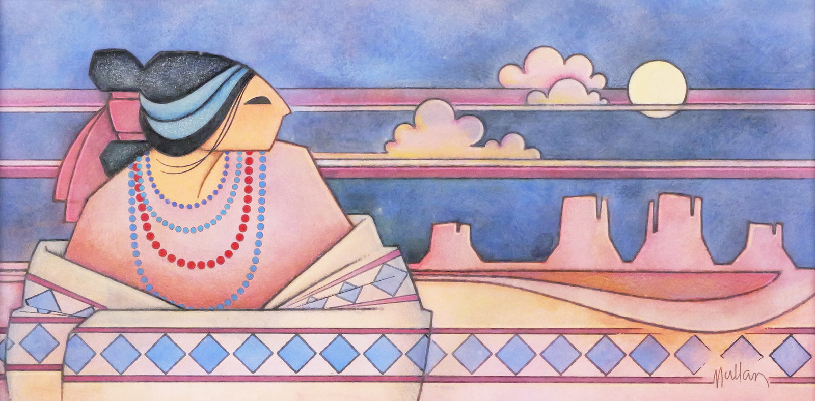 G.E. MULLAN, Drawing, Navajo Moon: Color pastel and ink drawing titled "Navajo Moon" by Texas artist GE "Buddy" Mullan (American, 1943-2015). Depicts a Native American Woman in a desert landscape and signed Mullan lower right, image