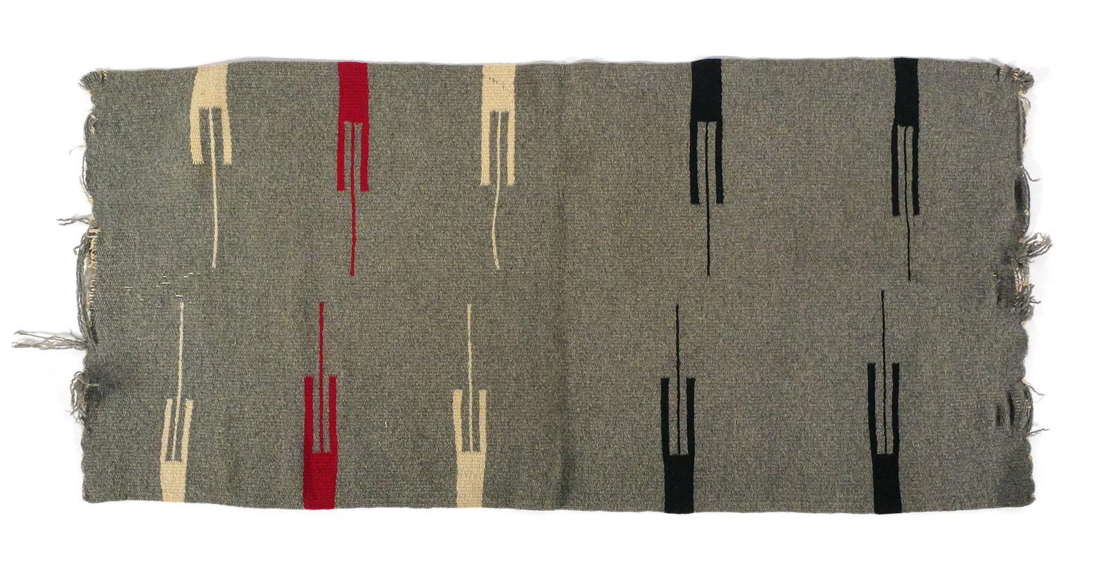 Vtg Native American Saddle Blanket: Vintage saddle blanket with geometric pattern in black, white, and red against grey. Native American Indian southwest woven wool saddle blanket, approx. 40" x 19". This item can be shipped in-house.