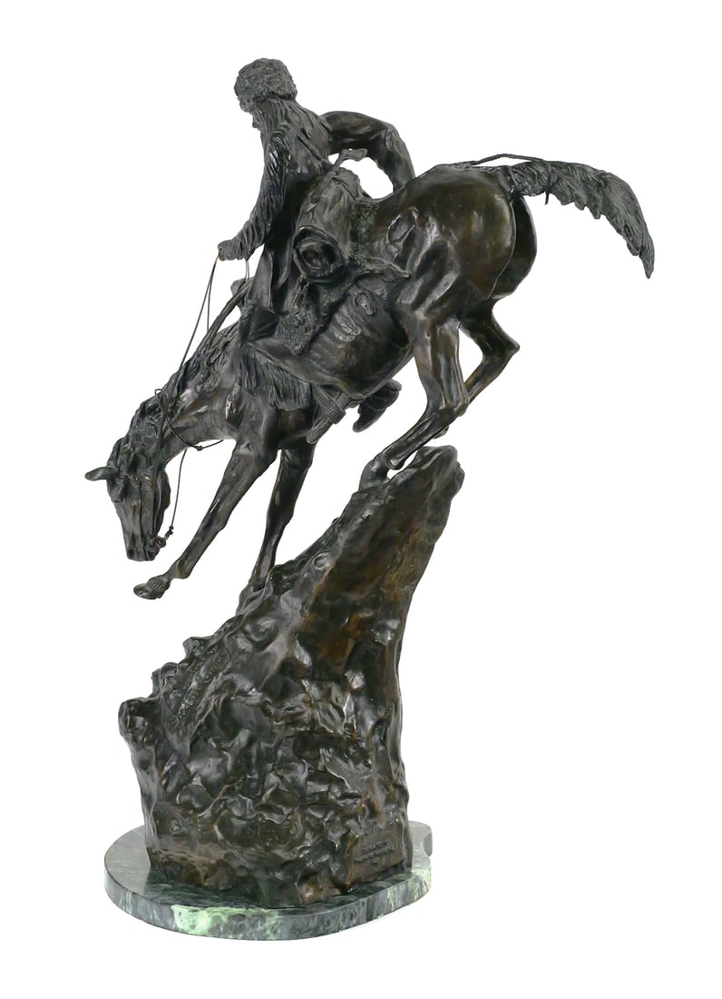 Frederic Remington, Mountain Man, Bronze: Frederic Remington statue "Mountain Man." Cast bronze on a marble base with plaque. Measures approx 26-1/2" x 18" x 11". This item will need to be shipped by a packing company of your choice. We