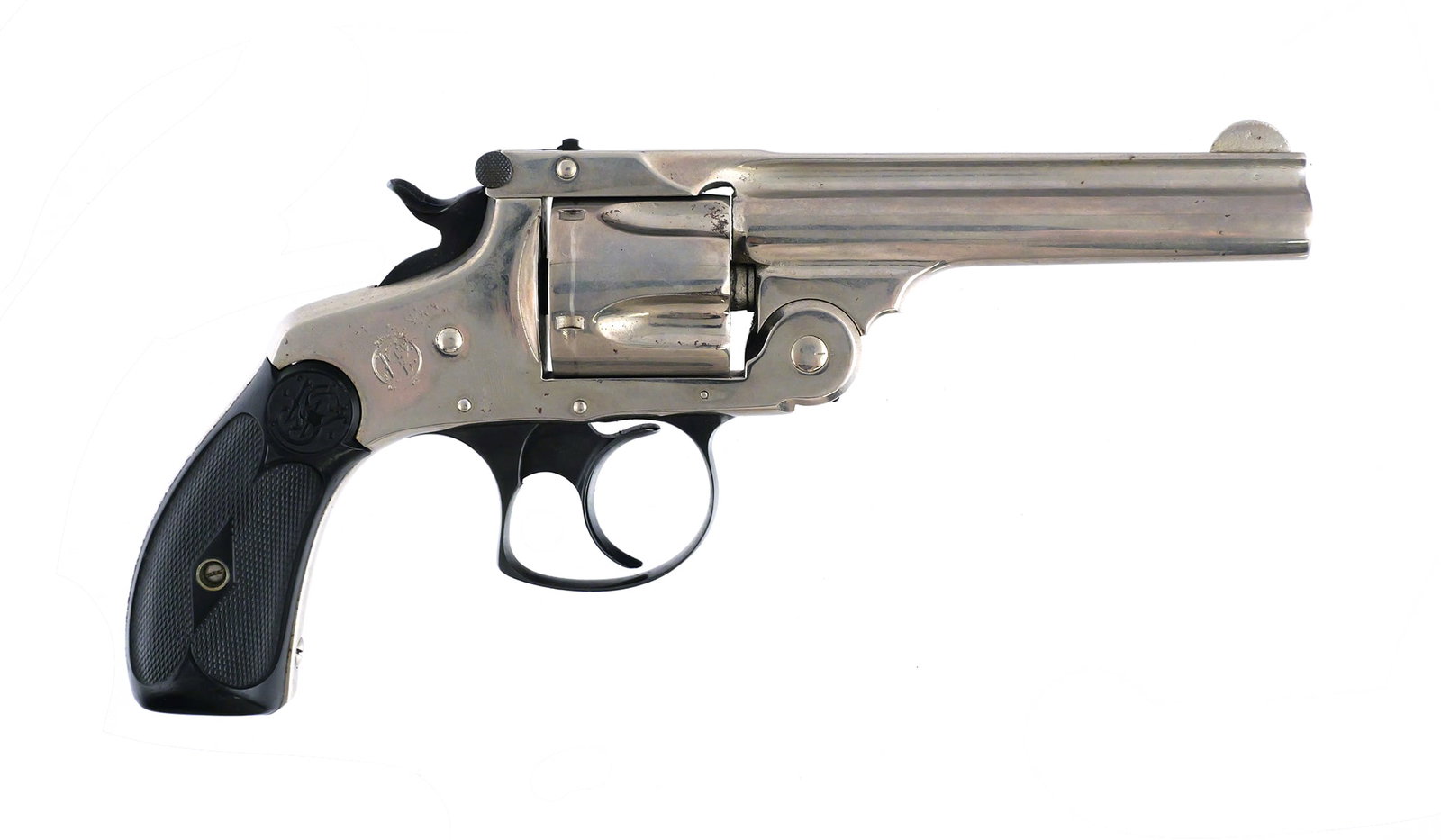 Smith & Wesson .38 DA 4th Model Revolver: Smith & Wesson .38 Double Action 4th Model top-break revolver chambered in .38 S&W. Serial number 425936. Features a nickel finish, 4" barrel, double-action mechanism and hard rubber grips with S&W mo