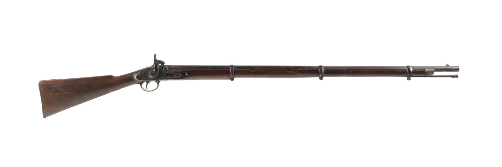 1862 Tower Civil War Enfield Rifle Musket: British Pattern 1853 Enfield rifle-musket with lockplate dated 1862 and marked TOWER. Brass-mounted military configuration with brass buttplate, trigger guard and nose cap. Stock bears British crown