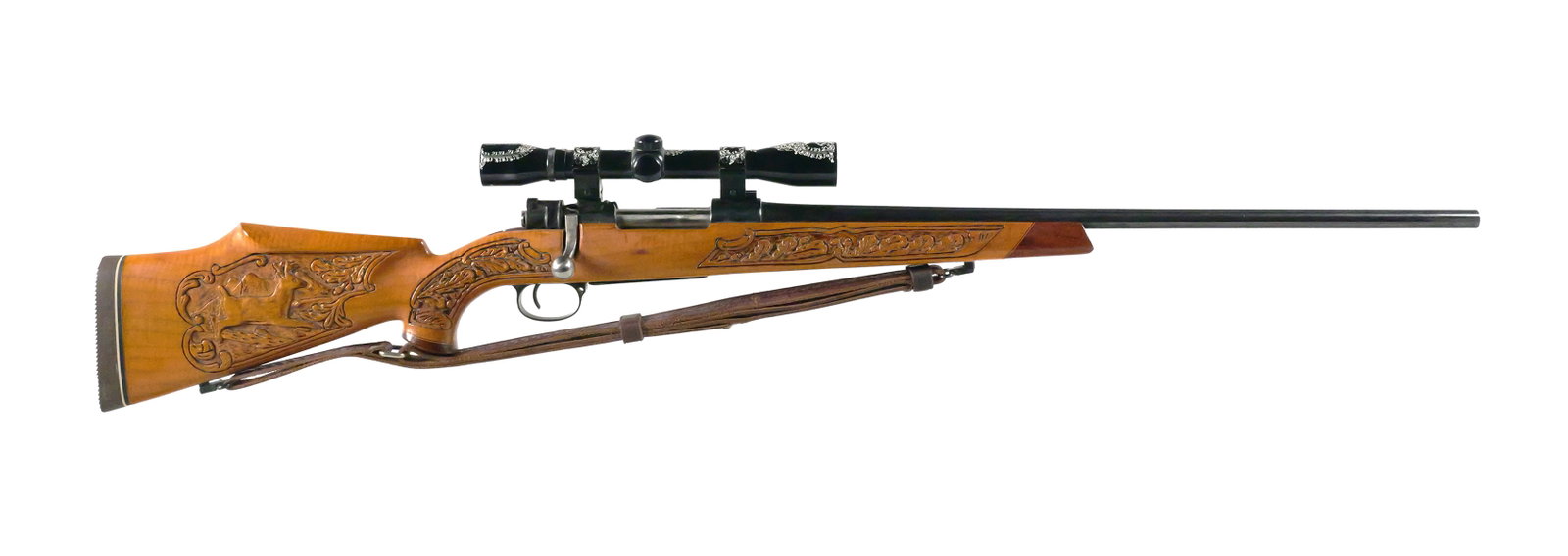 Mauser K98 Sporterized Rifle 7.92x57mm: Bolt-action rifle built on a Mauser K98 action in 7.92x57mm (8mm Mauser). Receiver serial number EA20062. 46-1/4" overall length. Barrel is approx. 24". Rifle is fitted with a carved wood Monte