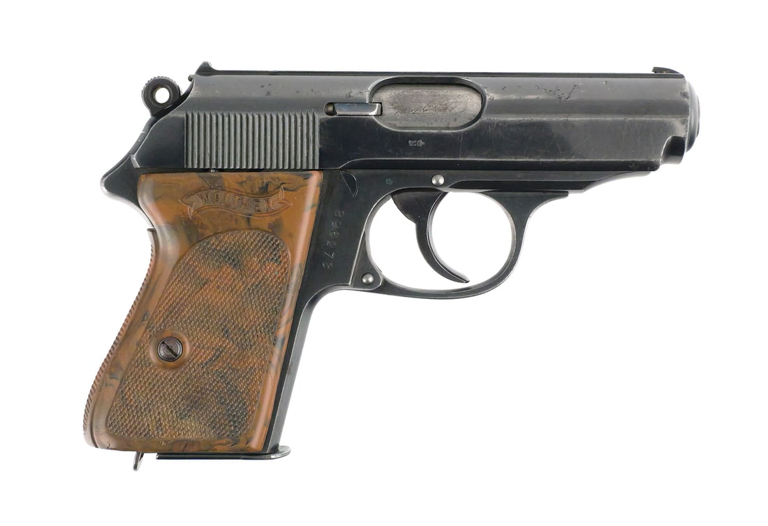 Walther PPK Pistol, pre-WW2, 7.65mm, 1935: Prewar Walther PPK, serial 896273. Made in 1935. Crown N marks on right side of frame and on barrel inside the ejection port. Wraparound brown plastic grip. This item can be shipped in-house. Please c