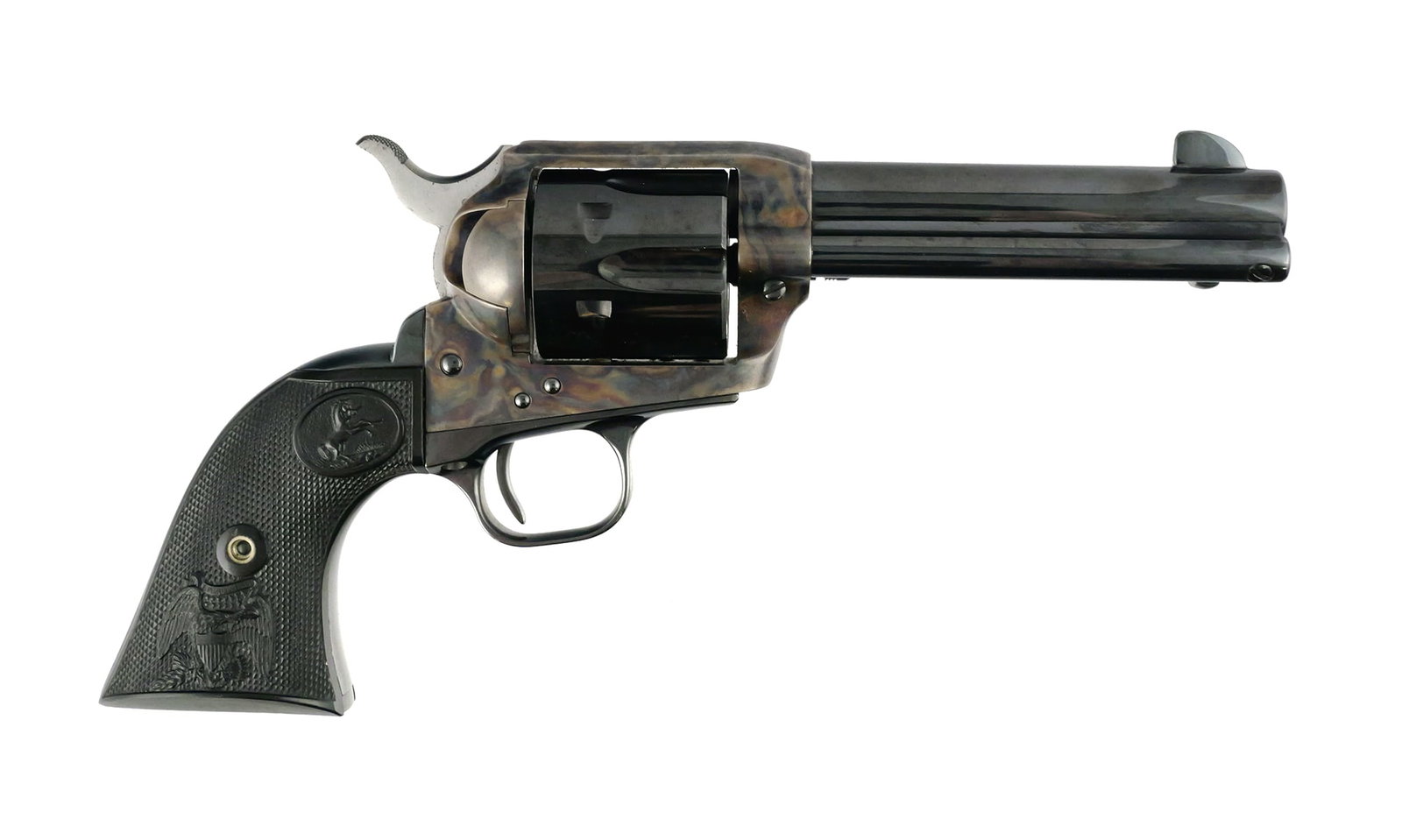 Colt SAA .45 Single Action Revolver w/ Box: Colt Single Action Army single action revolver chambered in .45 Colt, serial number S19066A, manufactured in 1997. Features a 4-3/4" barrel, factory color case-hardened frame with blued barrel and