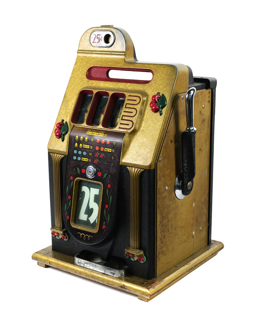 MILLS Golden Falls 25c Slot Machine: Circa 1945-48 Mills Golden Falls 25 cent (quarter) slot machine with wild cherries on front. Measures 26" high, with about a 16" x 17" base. Appears to have original paint and finishes. This item