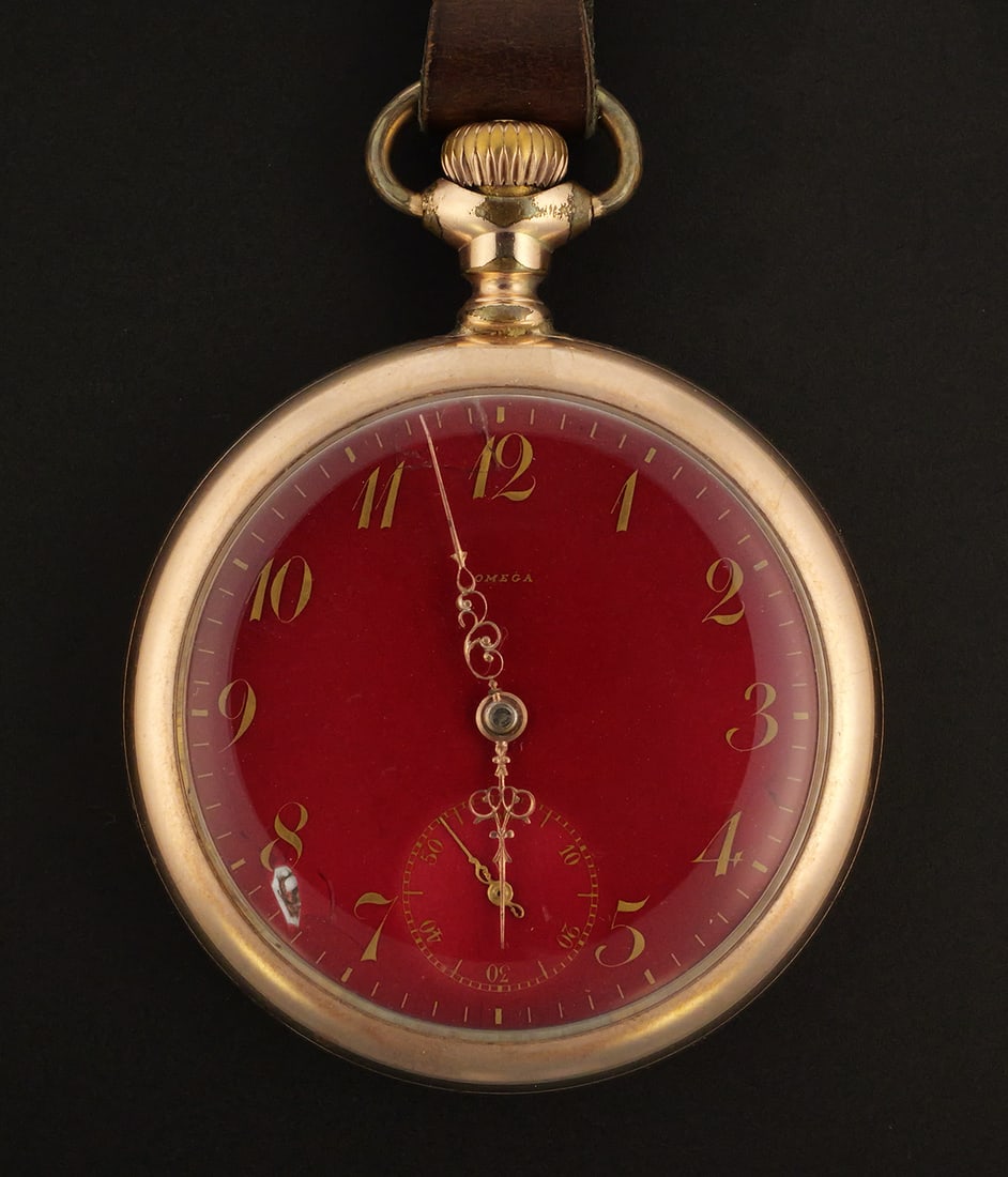 Omega Old Dutch Advertising 15J Pocket Watch: Antique circa 1905 Omega open-face pocket watch with a 50mm Wadsworth "Pilot" 25-year gold-filled case featuring an enameled Old Dutch brand cleanser advertising logo depicting the iconic Old Dutch