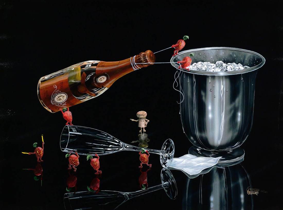 MICHAEL GODARD Perfect Pour Giclee: Large giclee on canvas of a work titled "Prepare the Perfect Pour" by Michael Godard, signed lower right and numbered 210/400 image measures 29-1/2" x 38-1/2" frame measures 36" x 46". Includes a