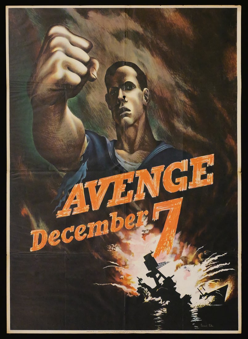 Original WWII Poster, Avenge December 7: Original WWII Propaganda Poster "Avenge December 7." Artwork by Bernard Perlin. Measures approx 28-1/4" x 40". One of several WW2 posters in today's auction. This item will need to be shipped by a